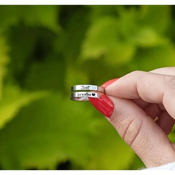 Stainless Steel Carved JUST BREATH Heart Adjustable Ring - Picture 5 of 6